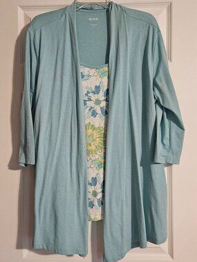 Blair 2-in-1 Layered Top Women's XL Aqua Blue Floral Open Front Cardigan Look